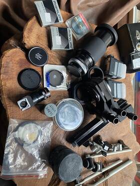 Cn1855-iii Canon Slr Accessories Lot Lenses Bellows Flash Meter Etc. Free Shipping