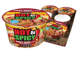 A-1704 Nissin Hot And Spicy Ramen Noodle Soup Fiery Beef 3.28 Ounce Pack Of 6