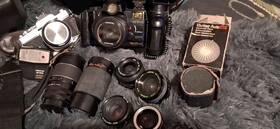 Q8200 Olympus Camera Lens 9 Lot Conica And Olympia Cameras 8 Different Lenses Flash Lighting