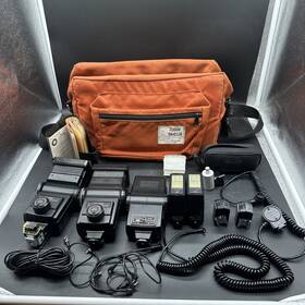 728afni Vivitar Vintage Camera Flash Lot Of 7 Misc Cables Filter Kit Bag And Tripod