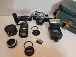 Pentax Mg 35MM Film Camera W/lens ,flash, Winder,caps. Tested Works. Fixed Price $99.97.