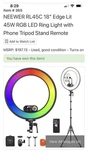 Neewer RL45C 18" Edge Lit 45W Rgb Led Ring Light Remote & App Control. Fixed Price $50.00.