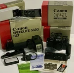 Open-box Canon F-1 Pro Camera W/ 533G Speedlite Set, Data Back Fn & Power Winder. Fixed Price $1563.96.
