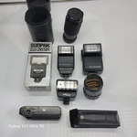 Lot Of Vintage Camera Flashes, Lenses, And Canon Power Winder - For Parts. Fixed Price $49.99.