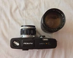 Black Brass Olympus Pen Fv Half Frame Camera W/ 38MM F1.8 + 50-90MM F3.5 Lens. Fixed Price $349.95.