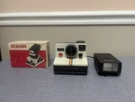Polaroid SX-70 Onestep White Rainbow Stripe Instant Camera Kalimar K474 Strobe. Fixed Price $29.99.